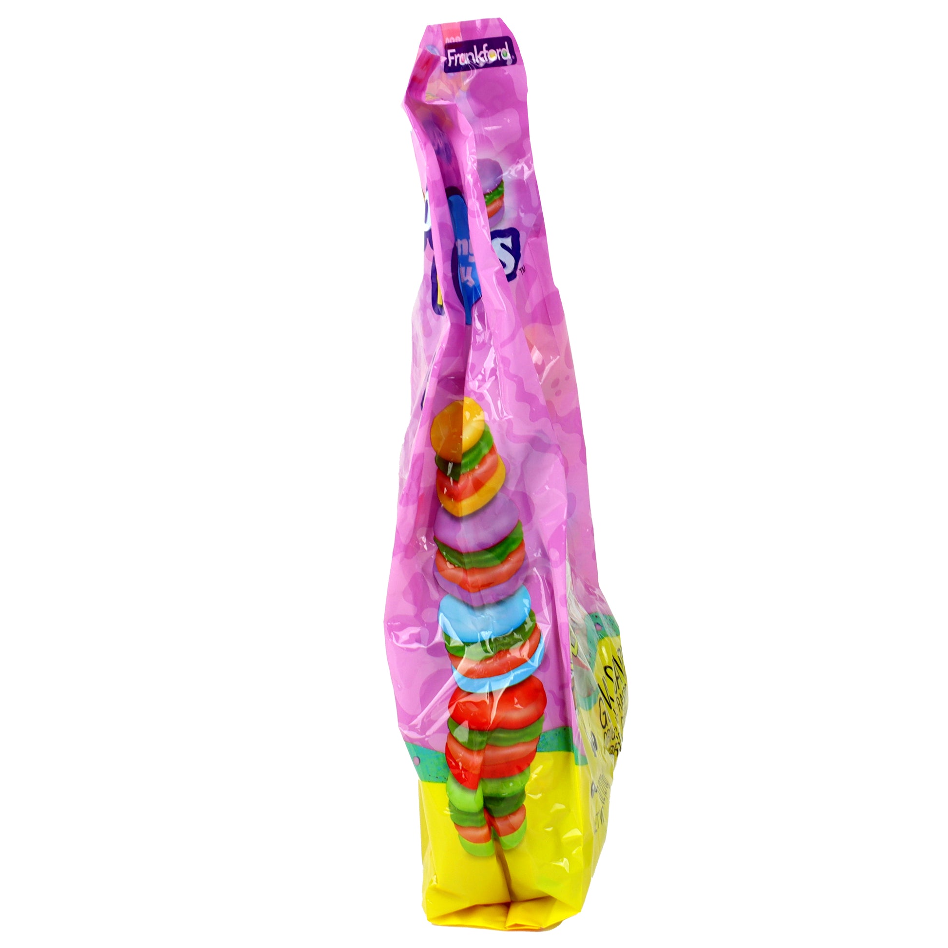 pink and yellow bag filled with colorful krabby patties