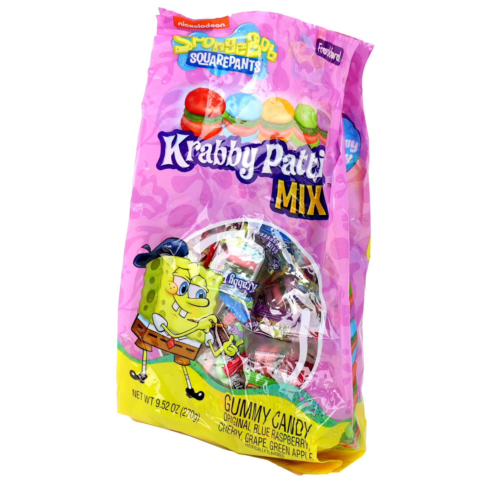 pink and yellow bag filled with colorful krabby patties