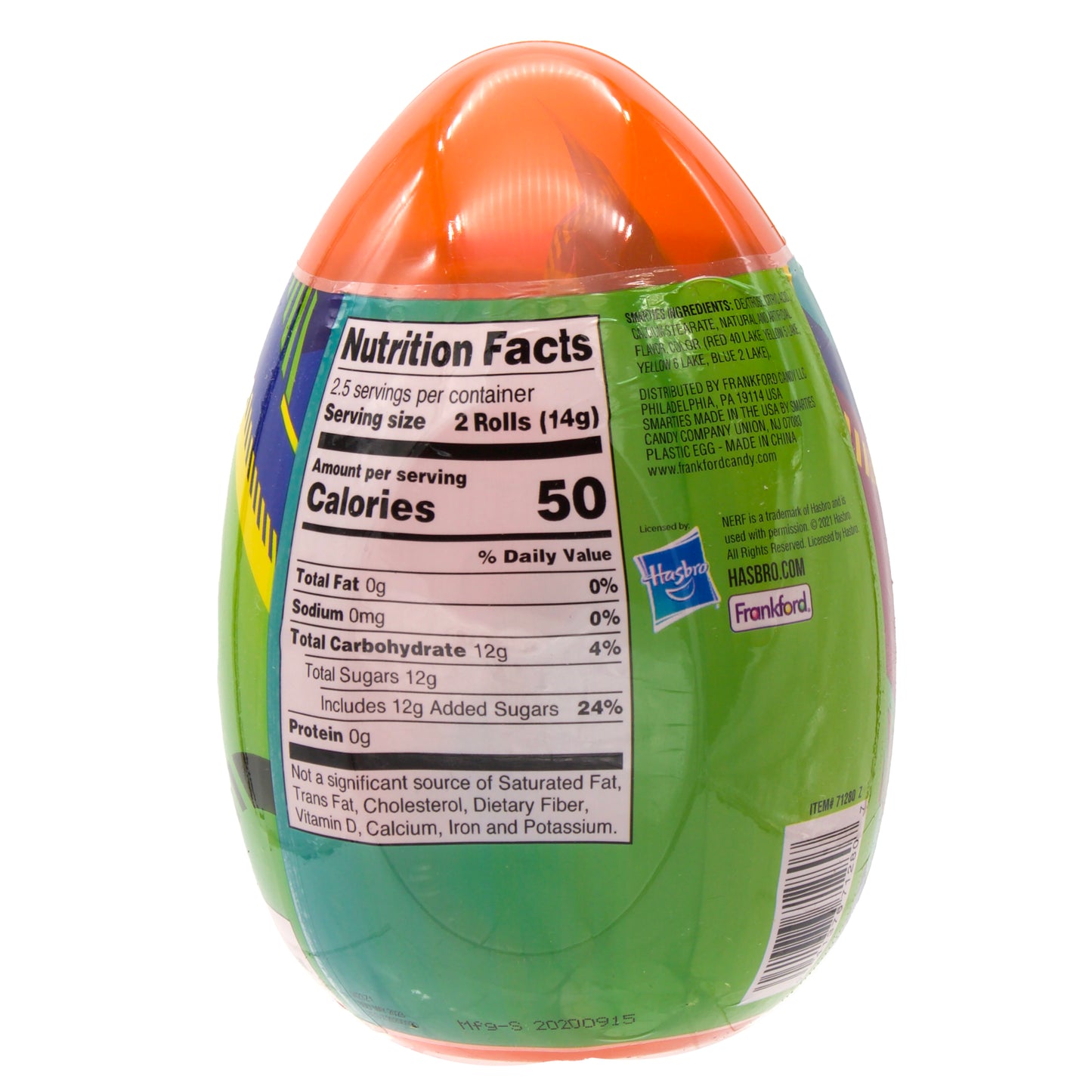 back of plastic egg with nutrition facts and ingredients