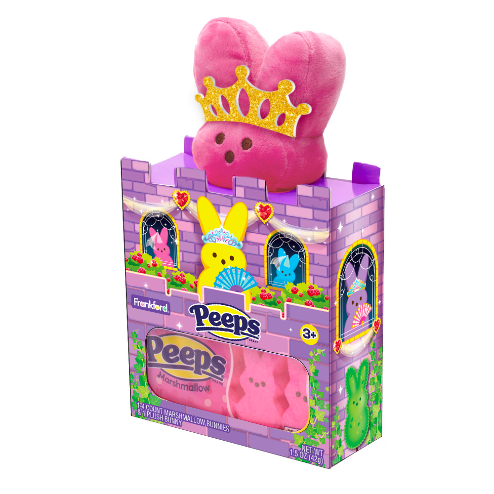 pink plush bunny in a purple castle container with pink peeps inside
