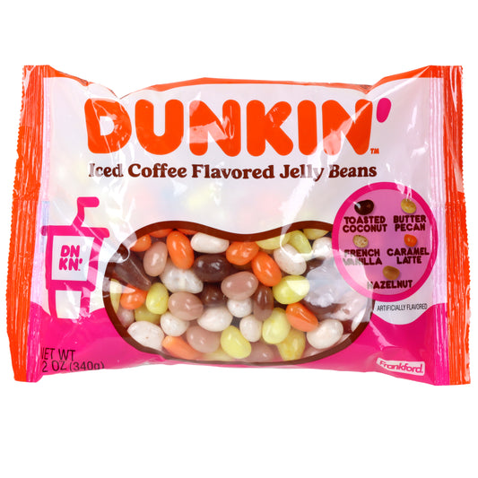 Orange and white package of Dunkin iced coffee flavored jelly beans