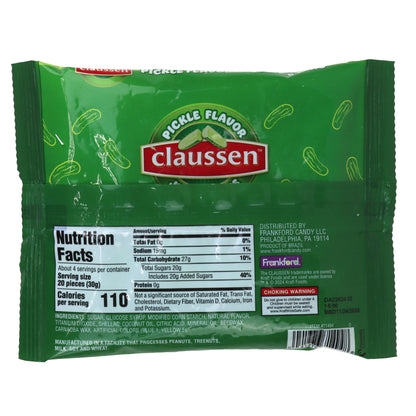 green bag of pickle jelly beans with nutrition label