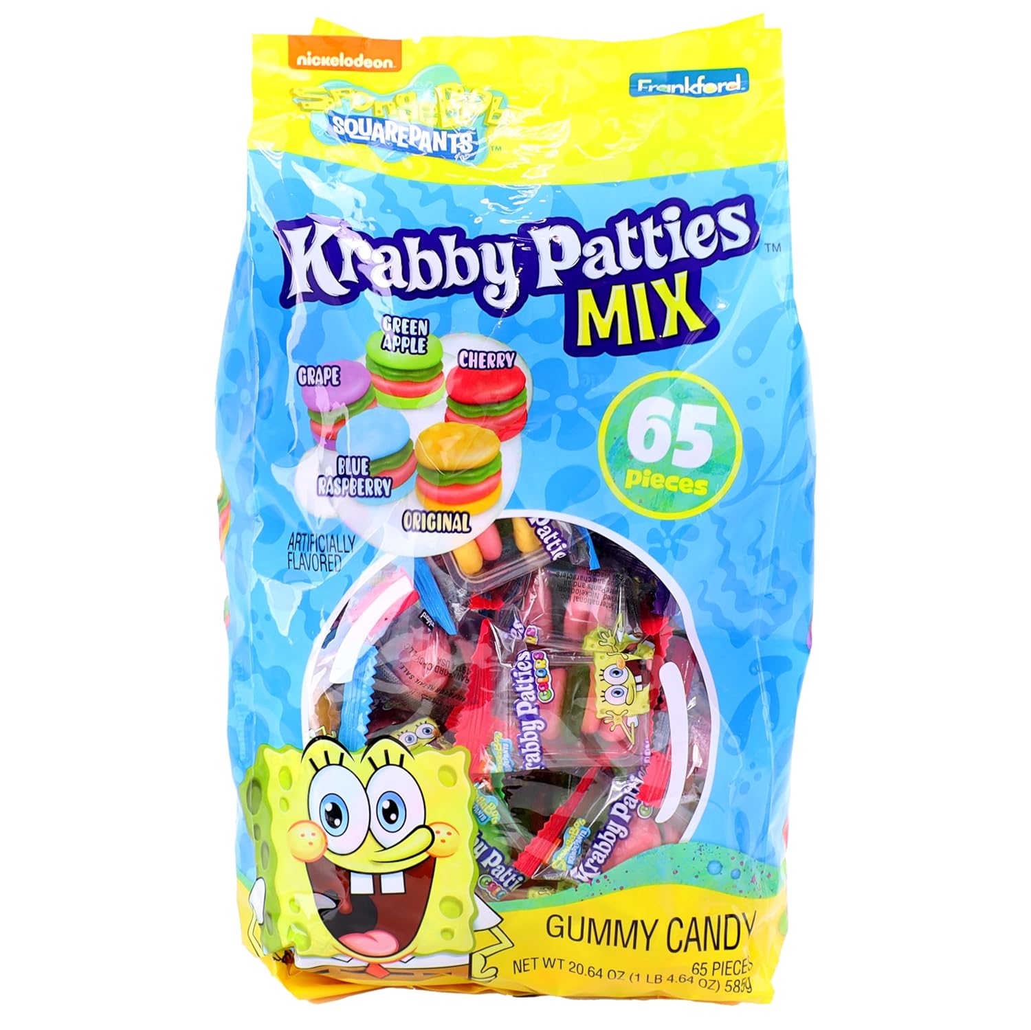 A package of SpongeBob SquarePants Krabby Patties Mix gummy candies featuring 65 pieces in various fruit flavors. The packaging is bright and colorful with SpongeBob character branding.
