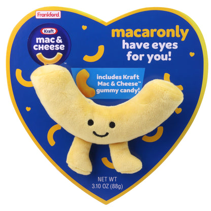 blue heart shaped box with a yellow border with a mac and cheese shaped plush toy on the front