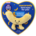 blue heart shaped box with a yellow border with a mac and cheese shaped plush toy on the front