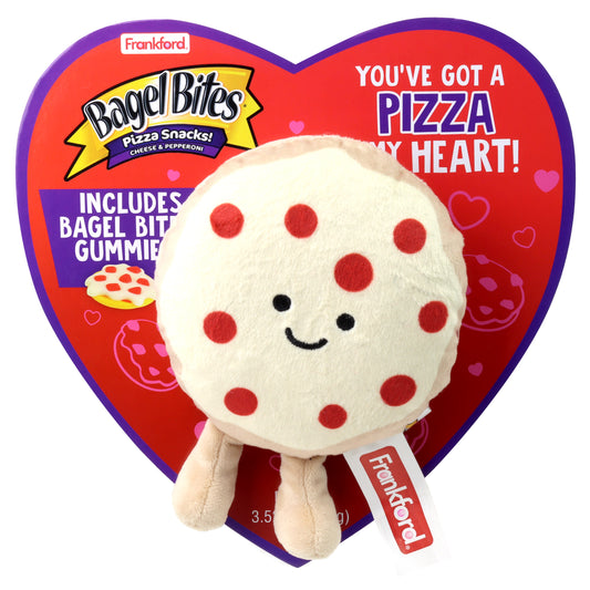 Red heart shaped box with a bagel bites pizza plush toy on front