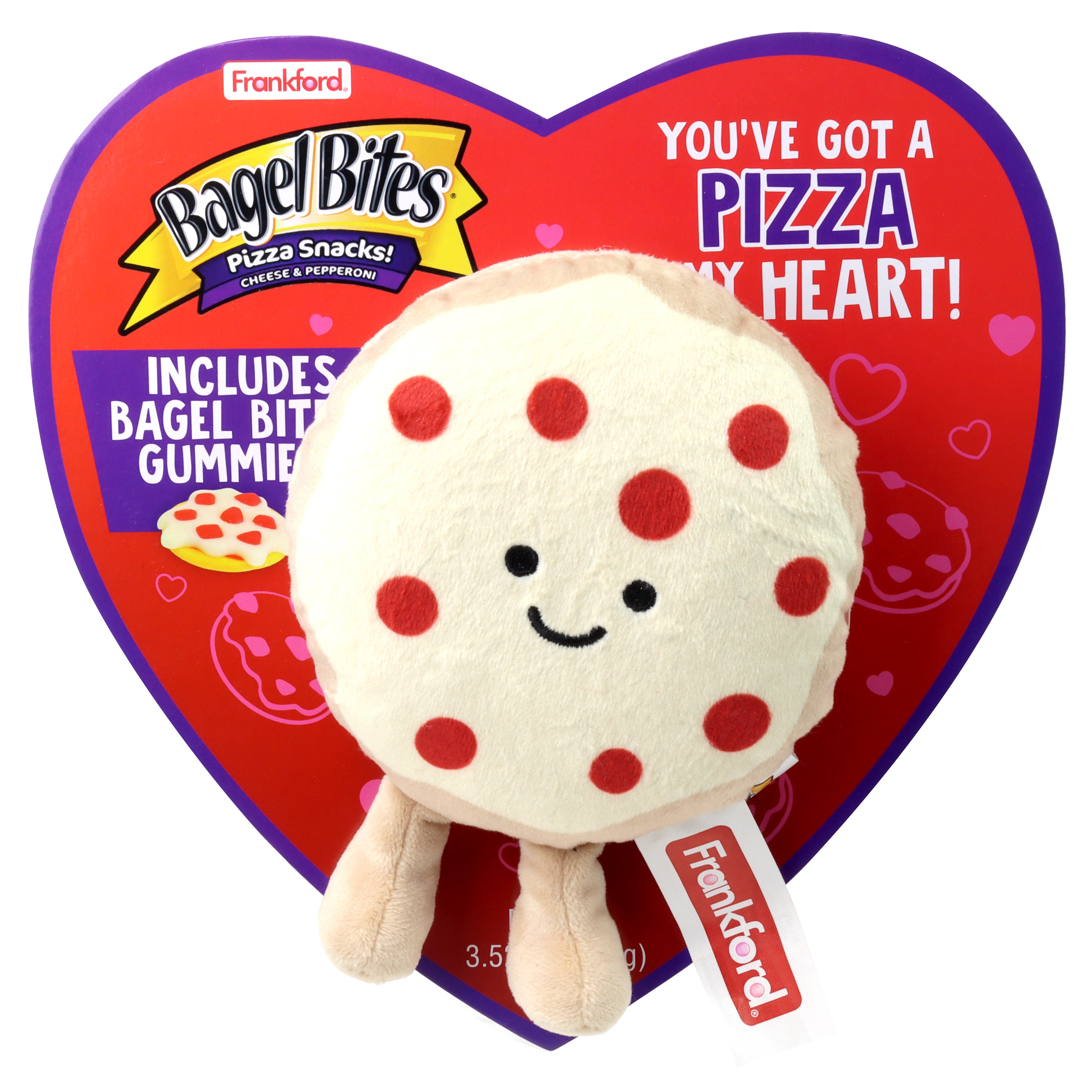 Red heart shaped box with a bagel bites pizza plush toy on front
