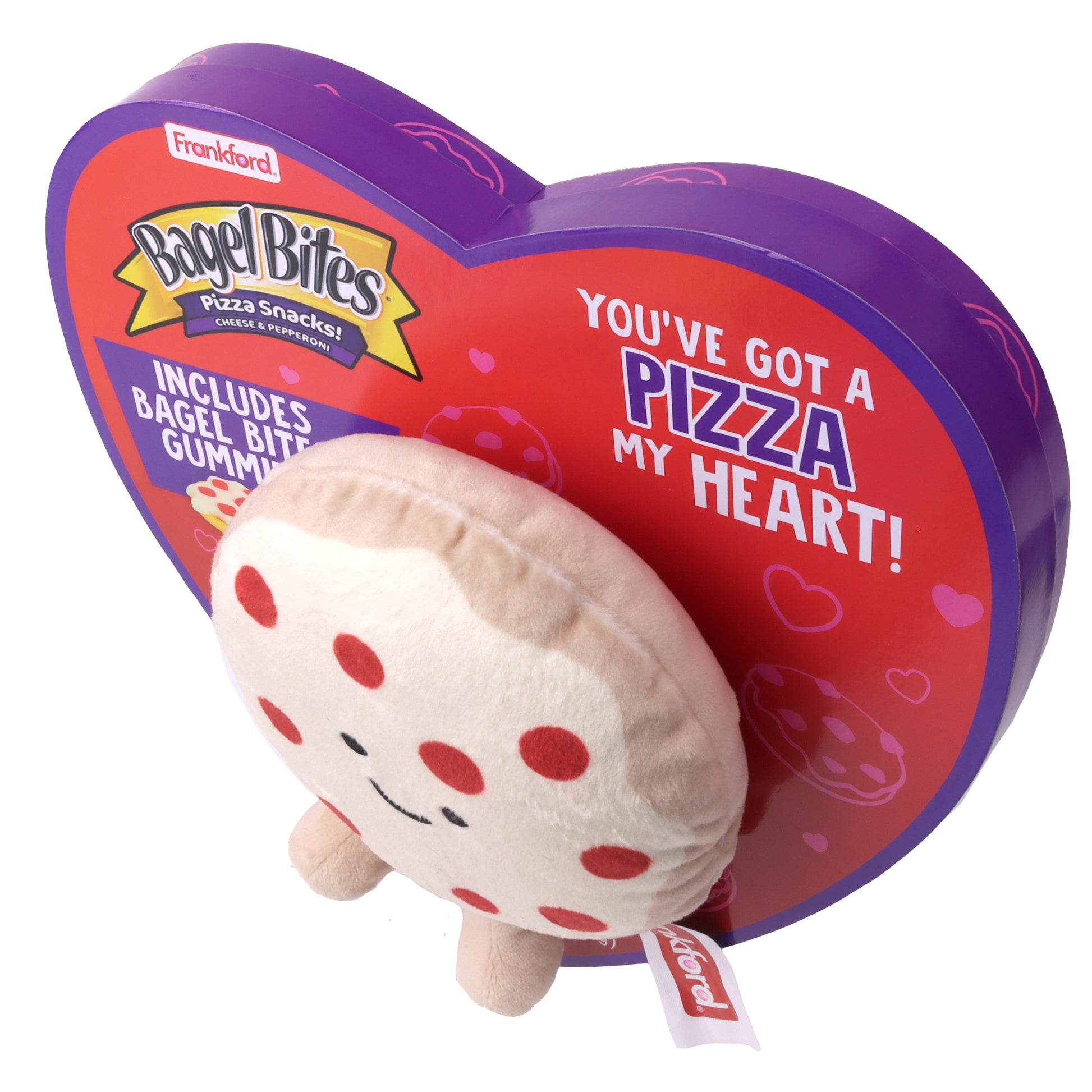 Top right view of a heart shaped box with a bagel bites pizza plush toy on front