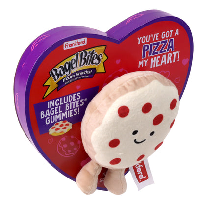 Top left view of a heart shaped box with a bagel bites pizza plush toy on front