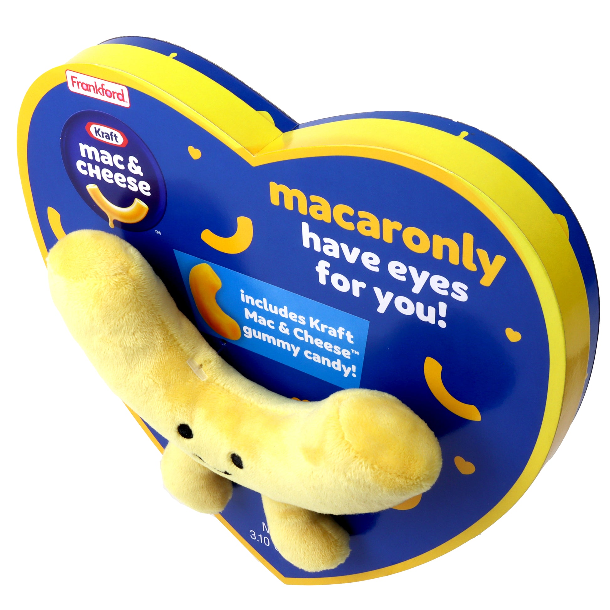 top view of blue heart shaped box with a yellow border with a mac and cheese shaped plush toy on the front