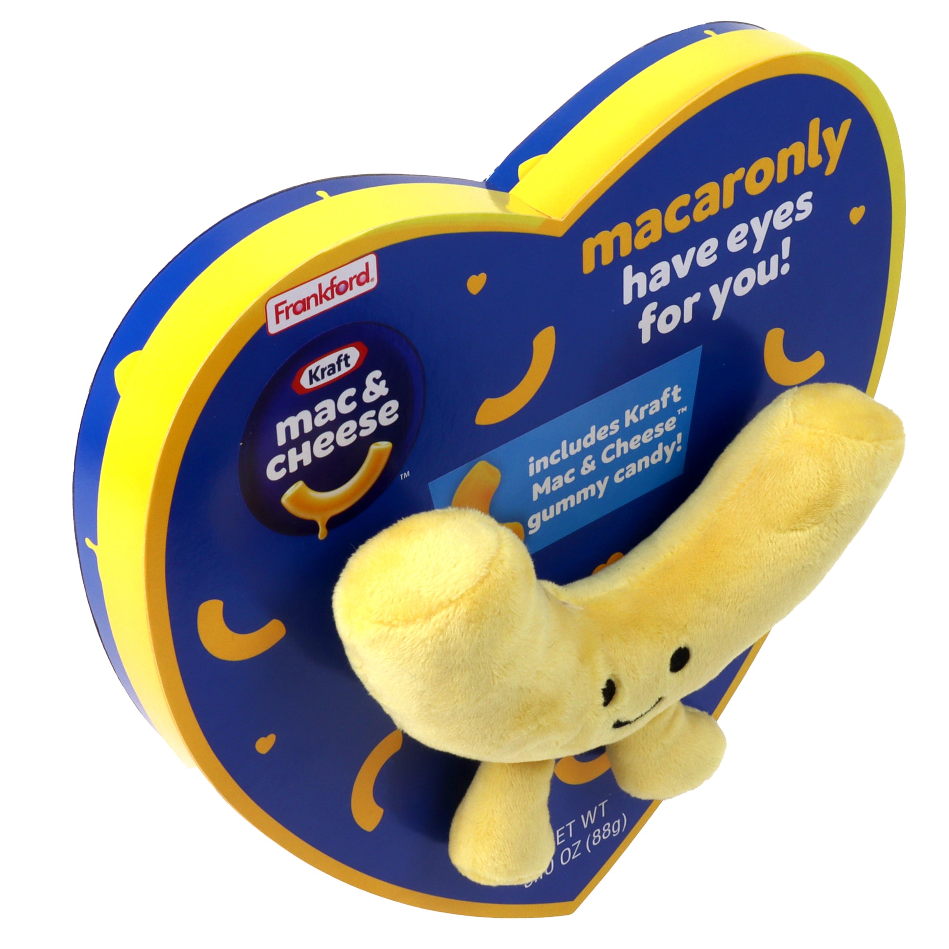 top angle of blue heart shaped box with a yellow border with a mac and cheese shaped plush toy on the front
