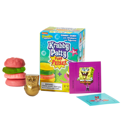 Krabby Patty Gummy Candy with stickers and figure on white background