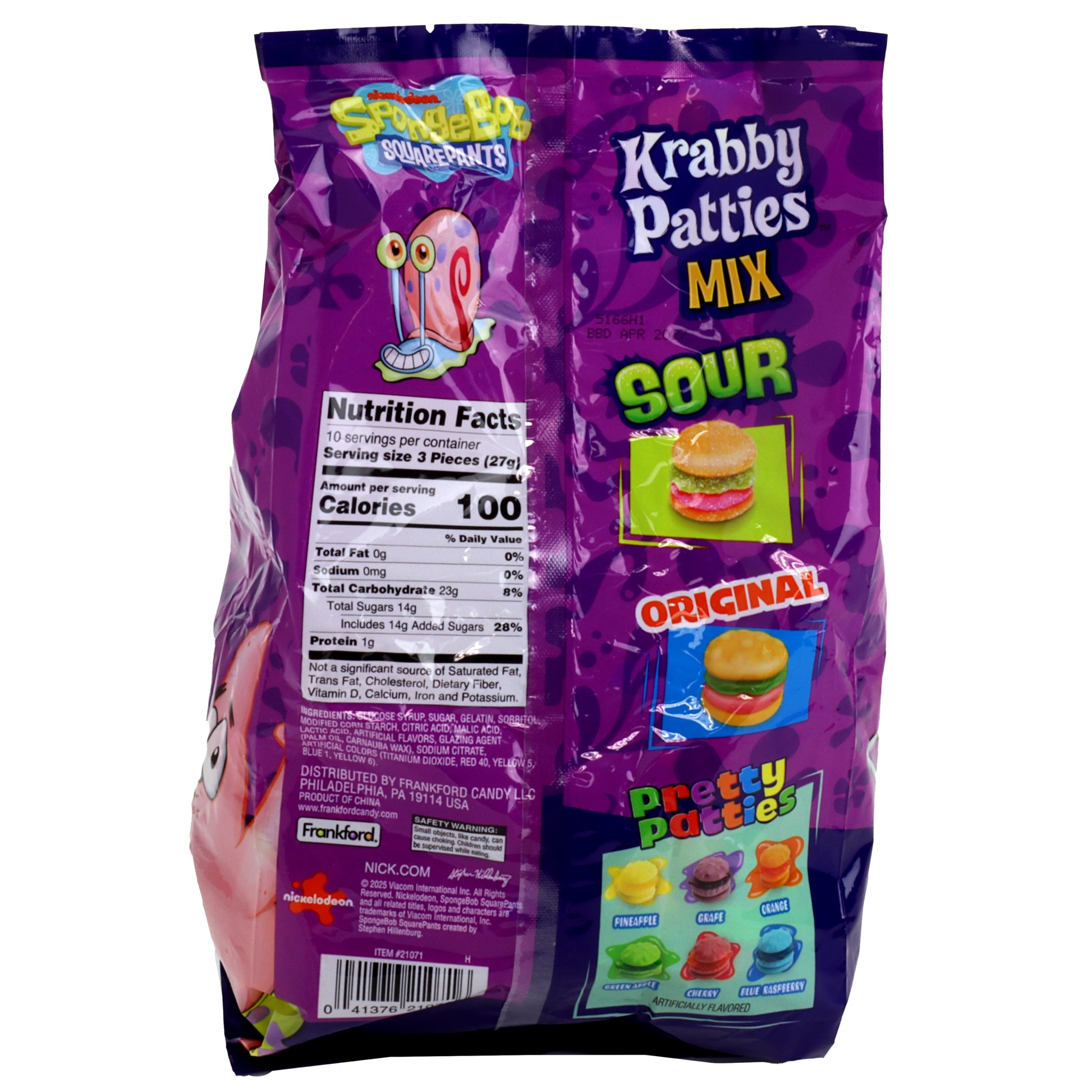 Purple package of Krabby Patties Mix with branding and nutritional information on a white background
