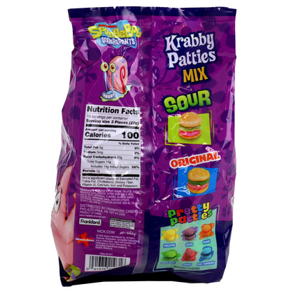 Purple package of Krabby Patties Mix with branding and nutritional information on a white background