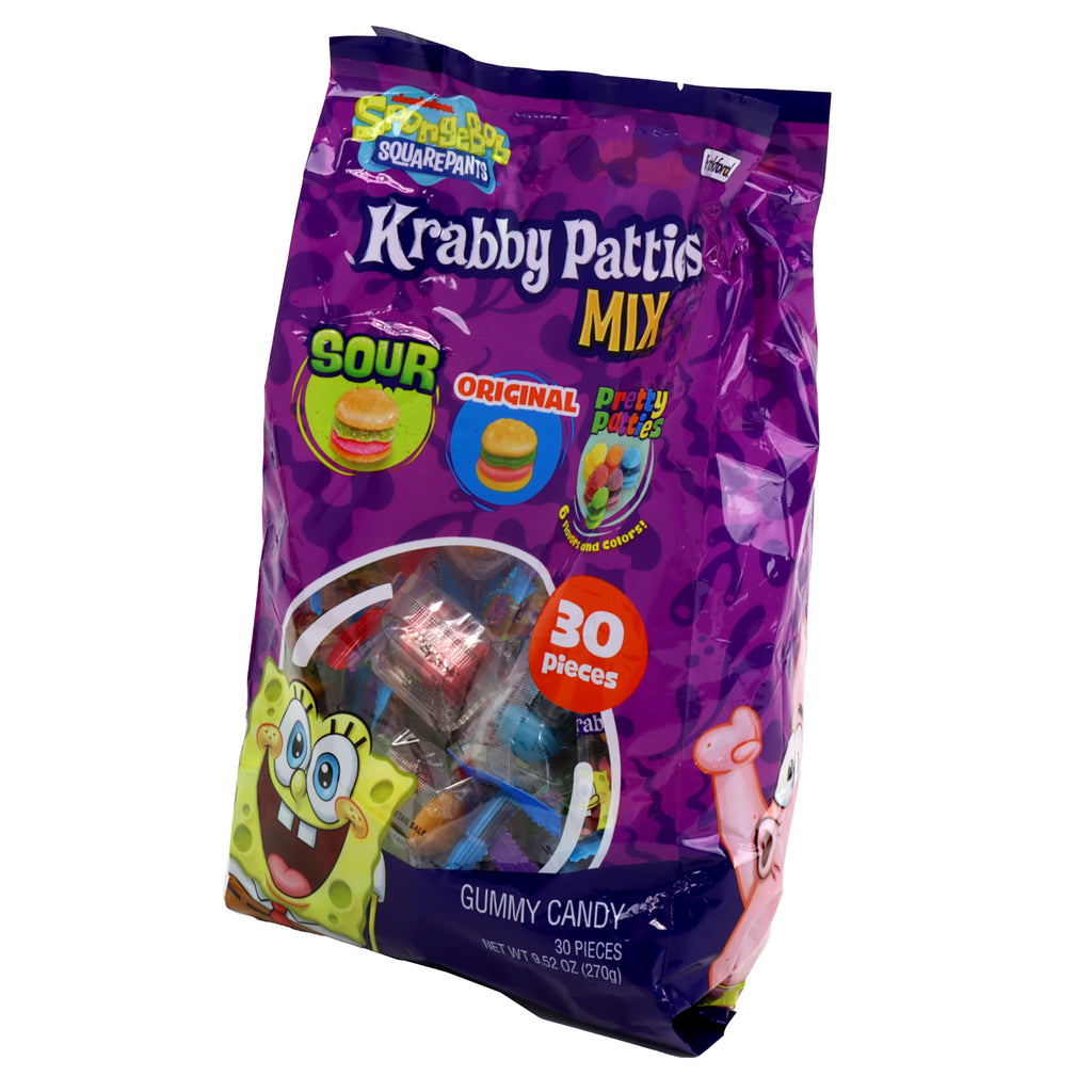 Purple bag of Krabby Patties Mix gummy candy with SpongeBob SquarePants branding on a white background.