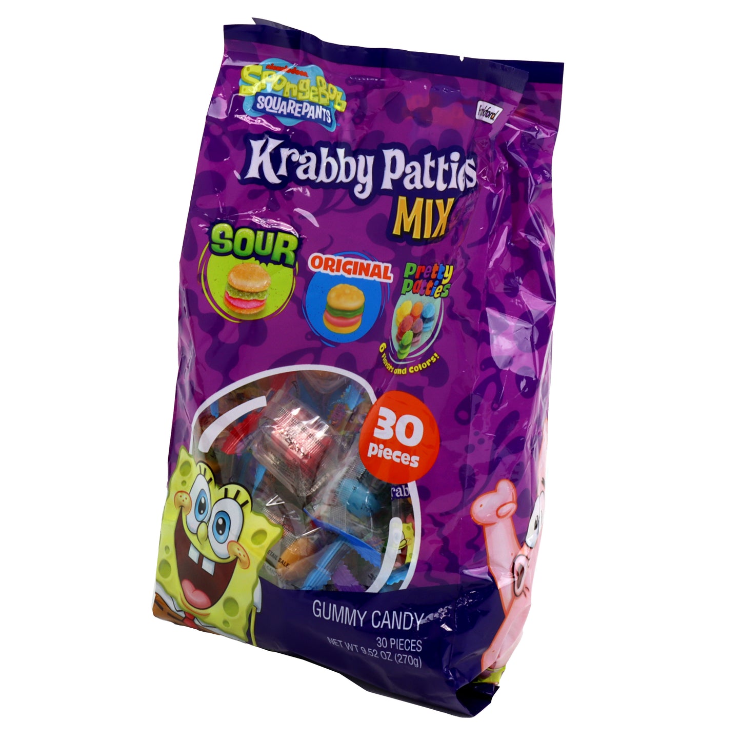Purple bag of Krabby Patties Mix gummy candy with SpongeBob SquarePants branding on a white background.