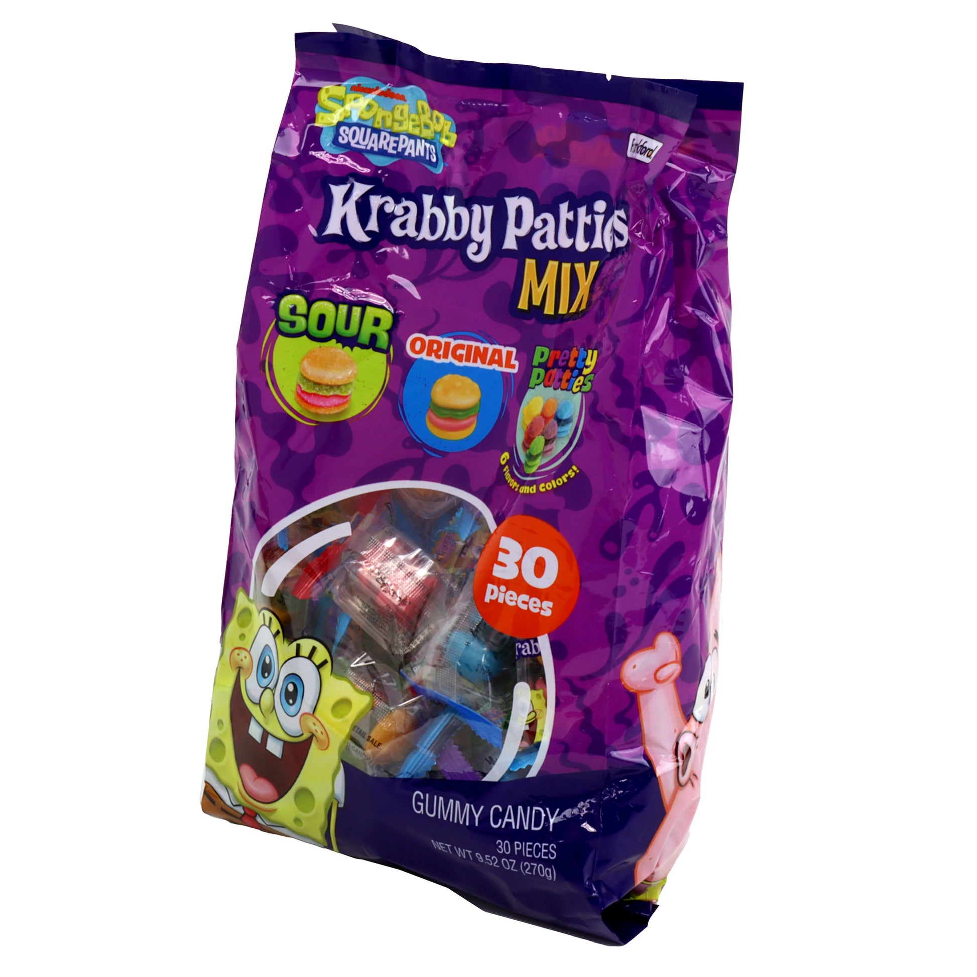 Purple bag of Krabby Patties Mix gummy candy with SpongeBob SquarePants branding on a white background.