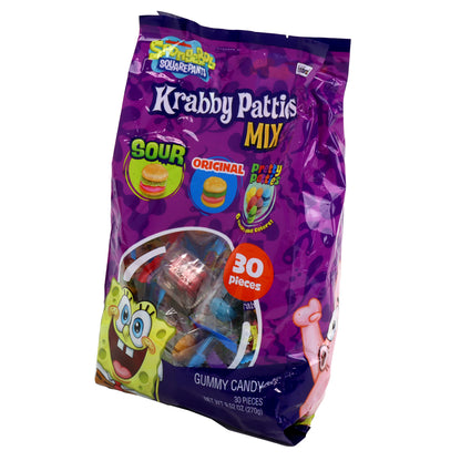 Purple bag of Krabby Patties Mix gummy candy with SpongeBob SquarePants branding on a white background.