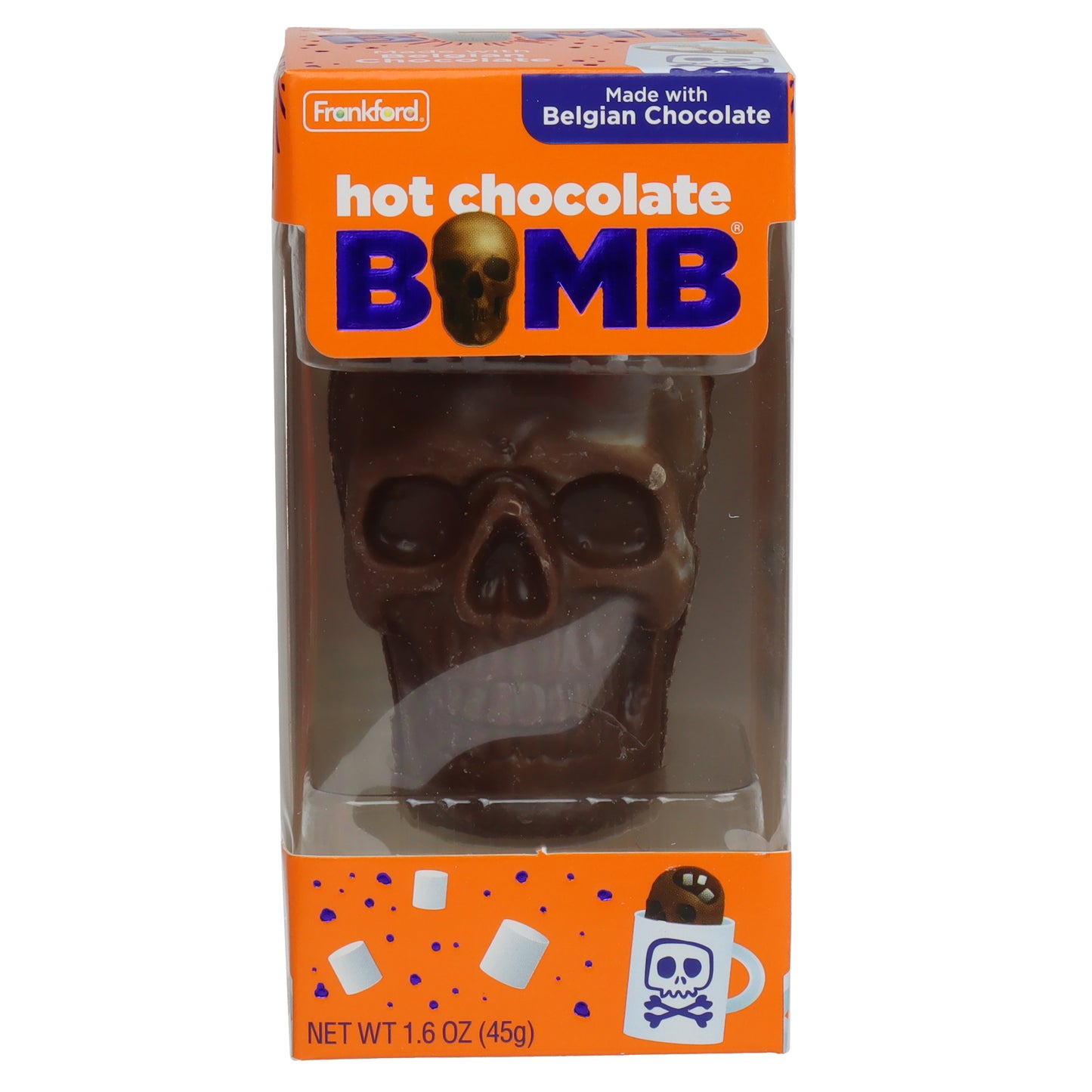 orange box with brown chocolate molded skull