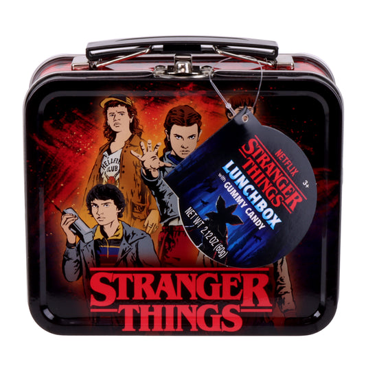 Stranger Things lunchbox with character illustrations and candy package on a white background