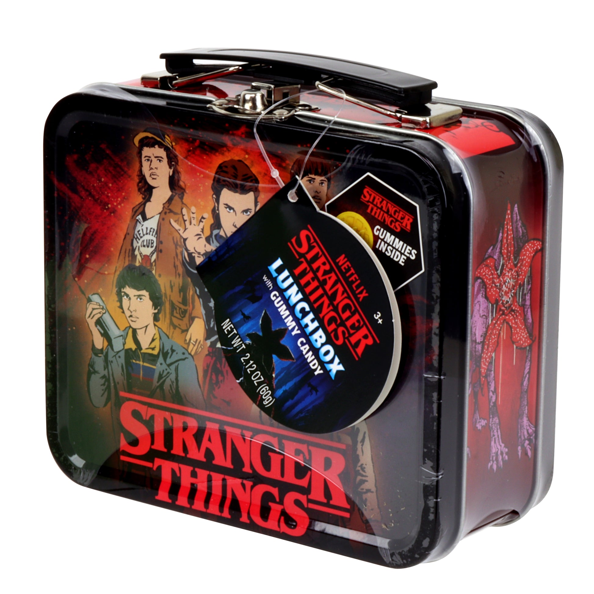 Stranger Things lunchbox with character images and candy label on a white background