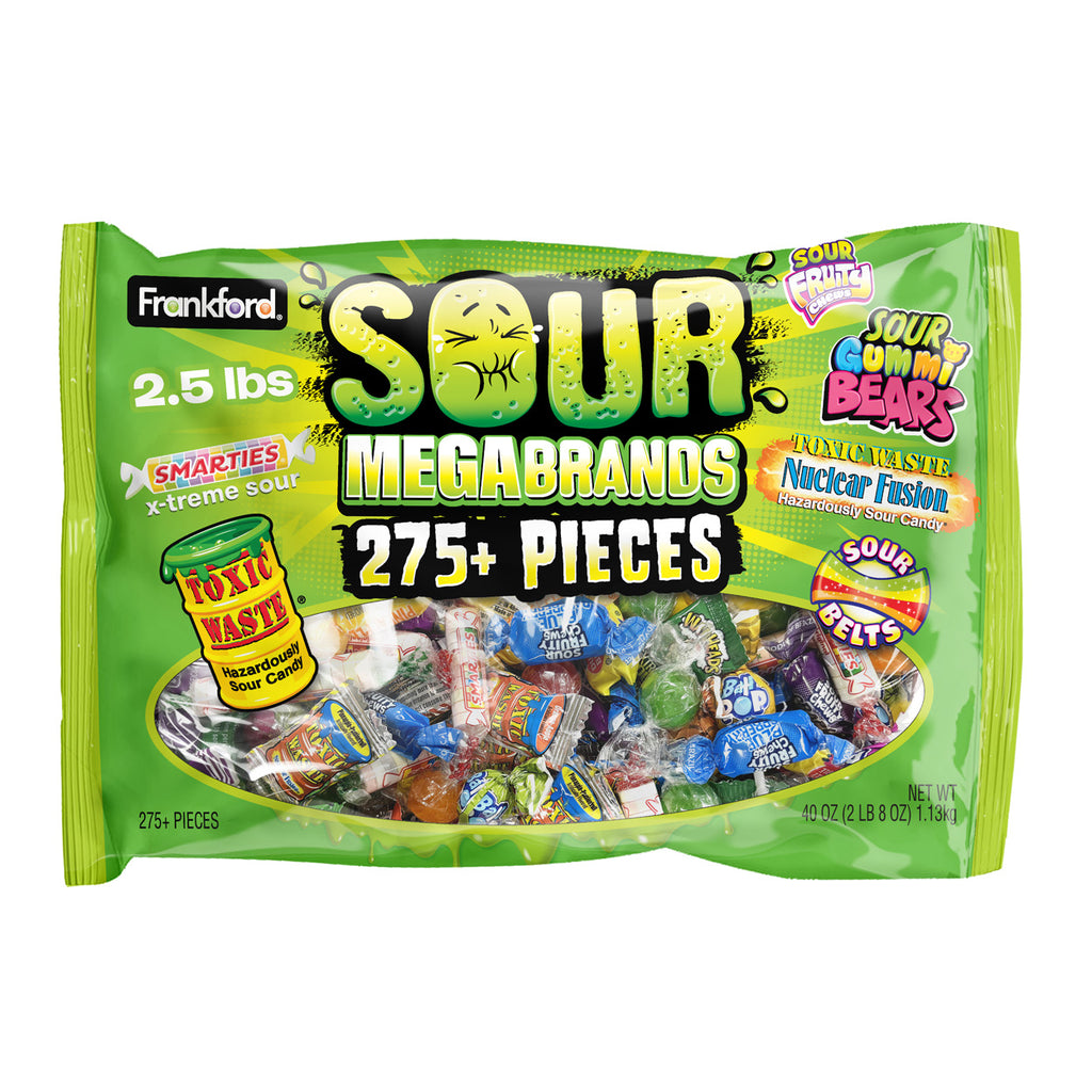 A 2.5-pound bag of Frankford SOUR Megabrands candy, containing 275+ pieces of assorted sour candies.