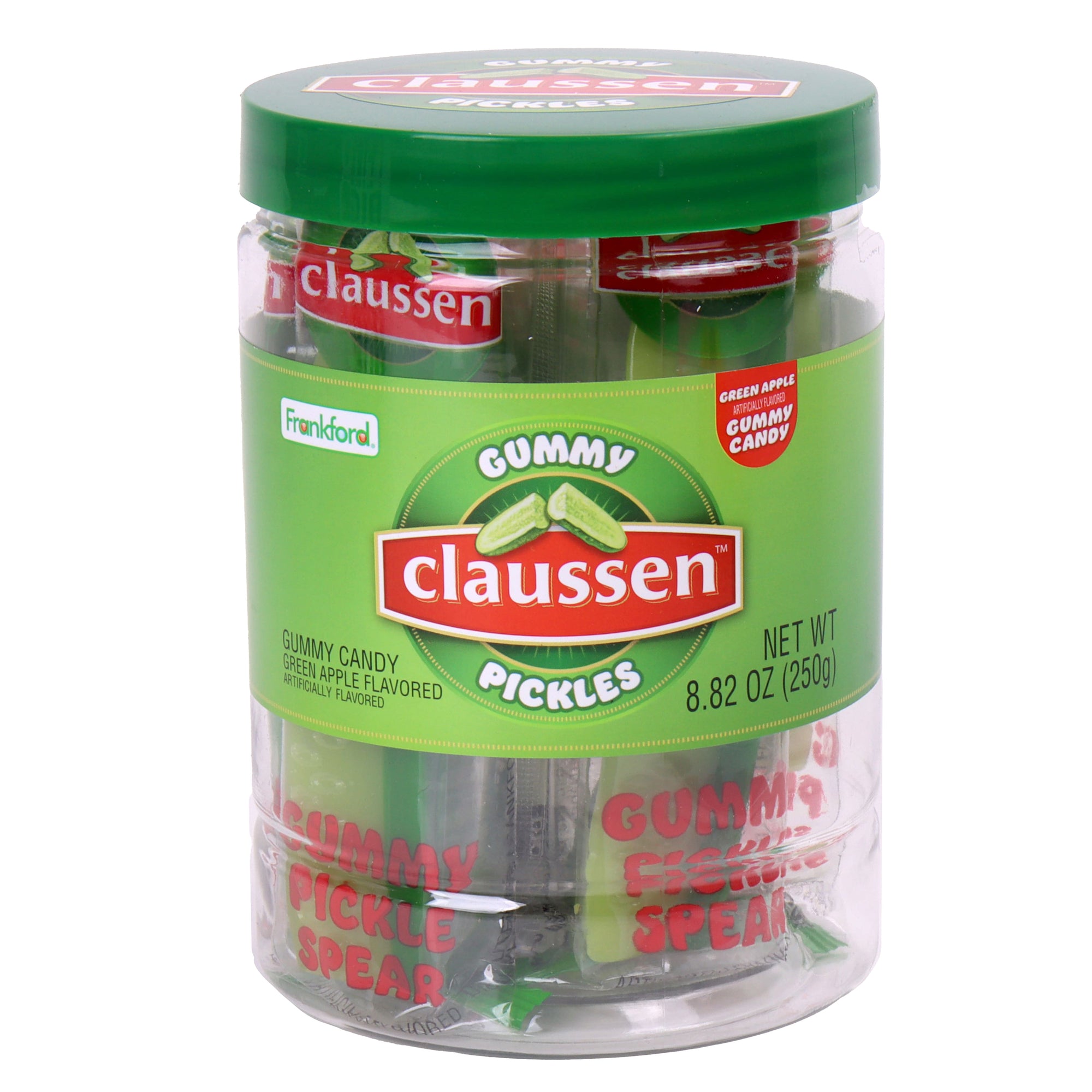 A plastic jar of Claussen gummy pickle spears. The jar is labeled with the brand name and the product name, and it is green in color.
