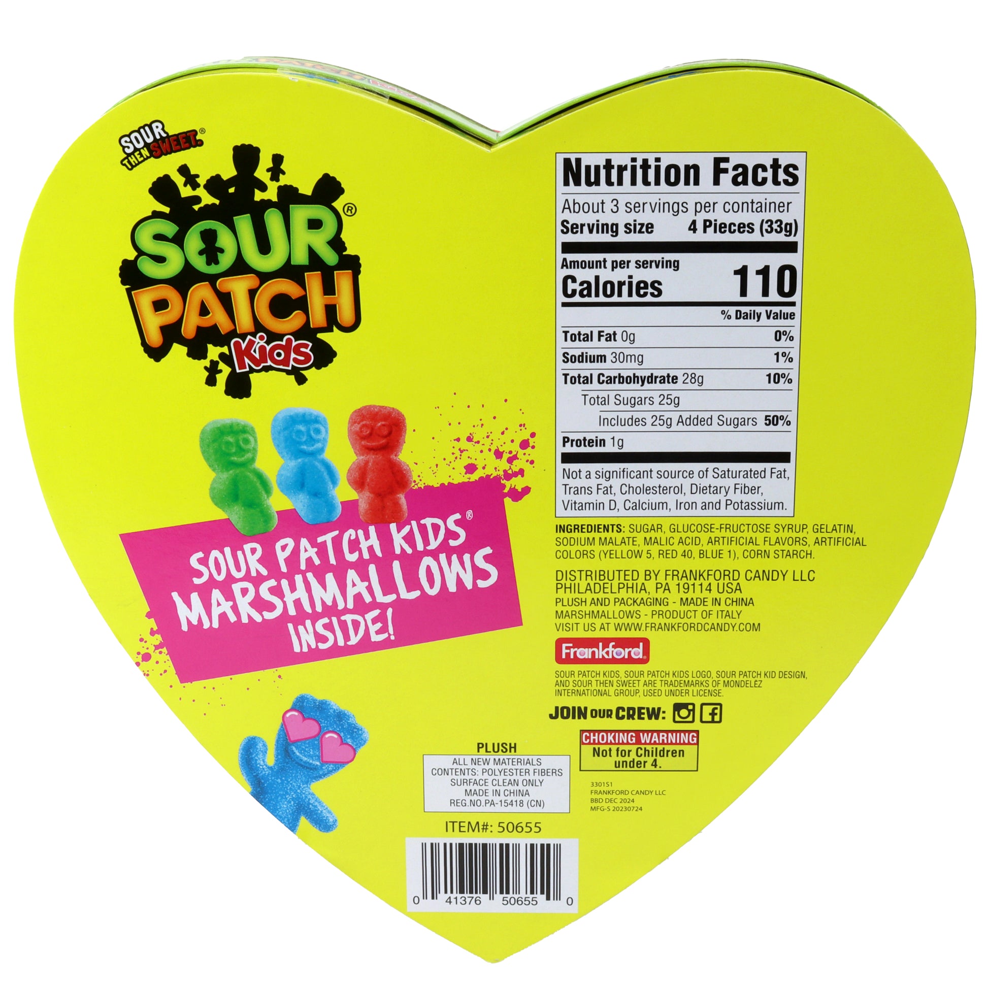 yellow back of a heart shaped box with nutrition information