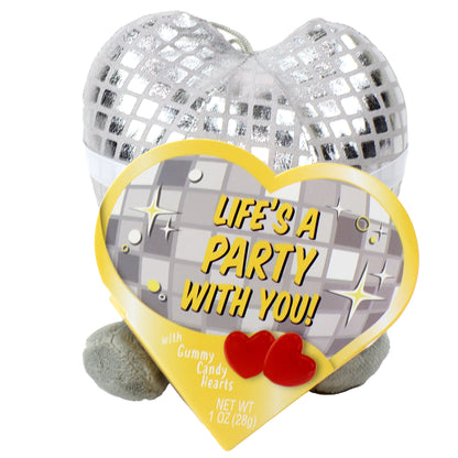 Heart shaped disco ball plush toy with a yellow heart box on the front