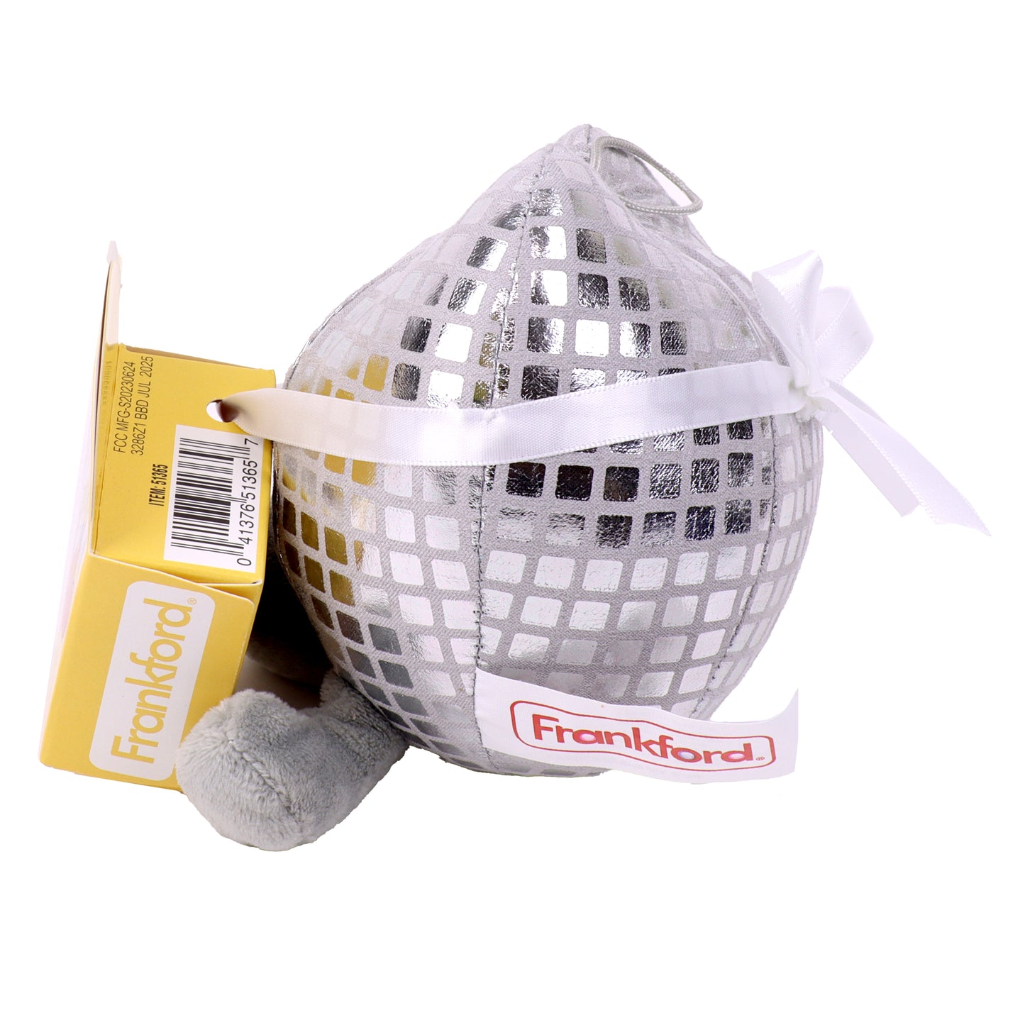 Side view of heart shaped disco ball plush toy with a yellow heart box on the front