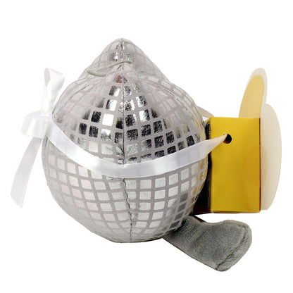 Side view of heart shaped disco ball plush toy with a yellow heart box on the front