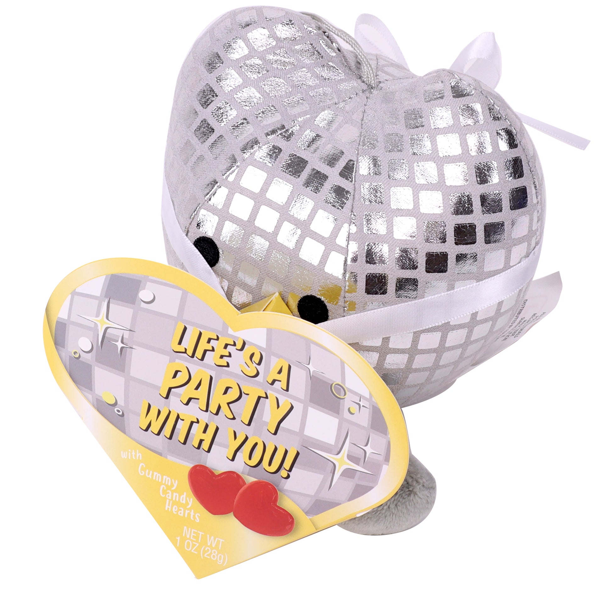 Heart shaped disco ball plush toy with a yellow heart box on the front