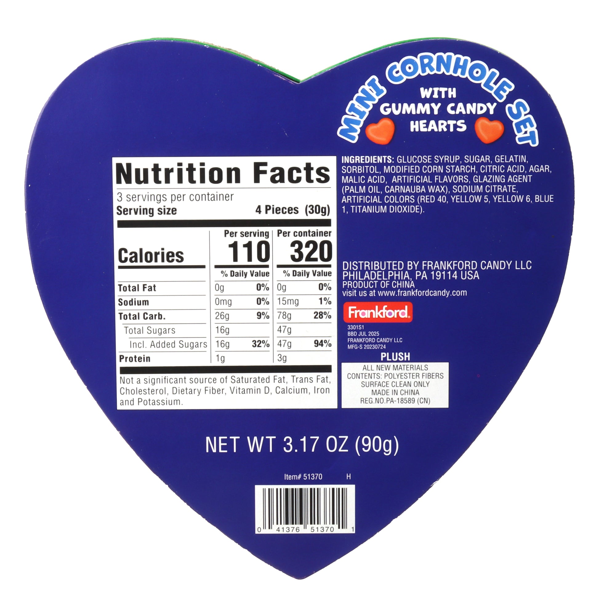 Blue heart shaped box with nutrition information