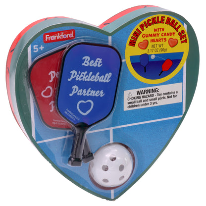 heart shaped box with a pickle ball court printed on it with 2 pickle ball paddles and a ball on the front