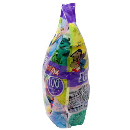 Colorful bag with Disney characters on front filled with colorful plastic eggs
