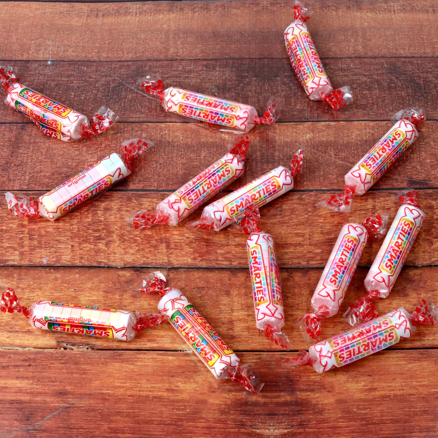 Smarties on a wood floor