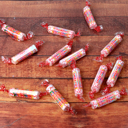 Smarties on a wood floor