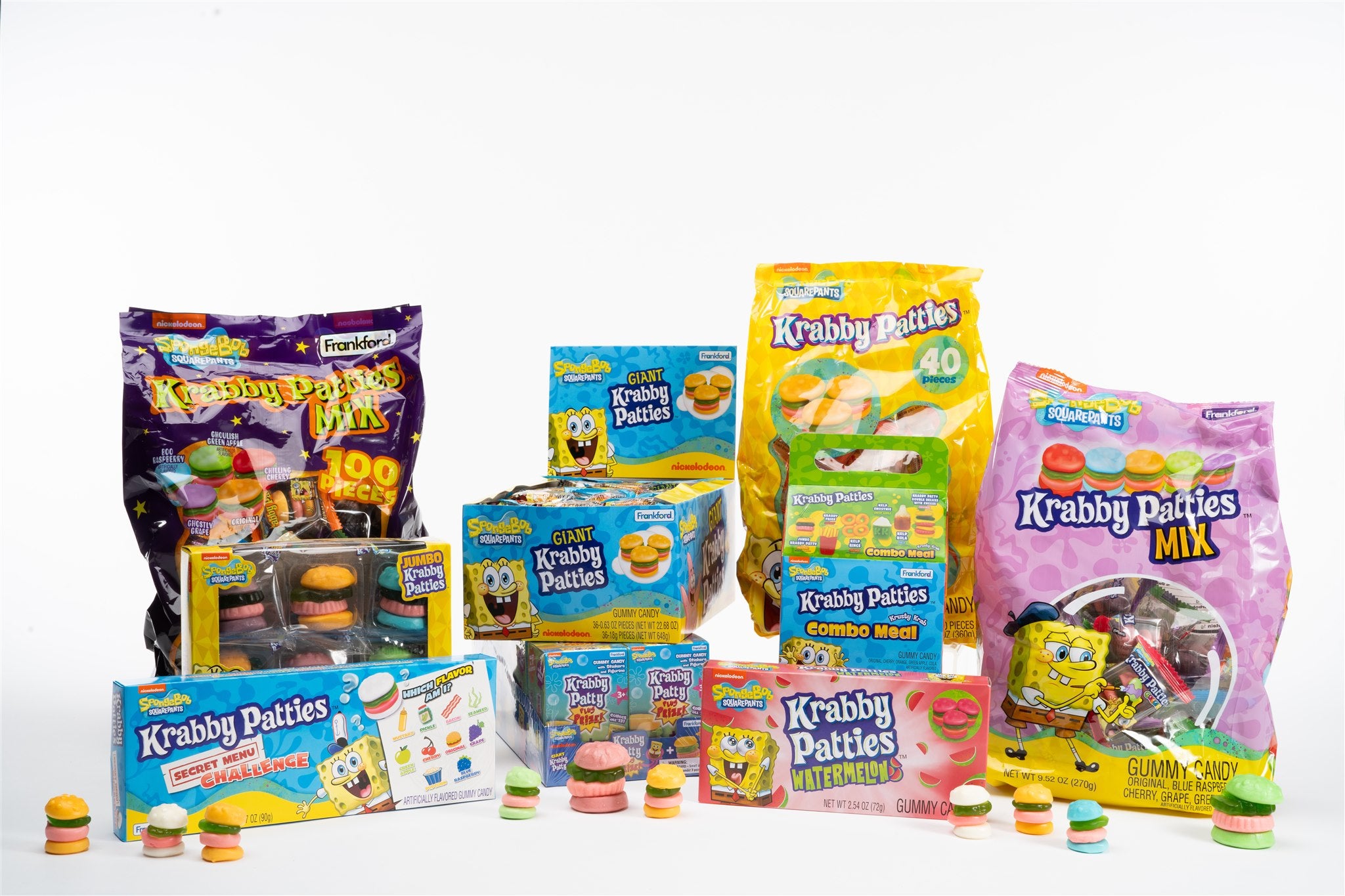 Display of various gummy krabby patties products 