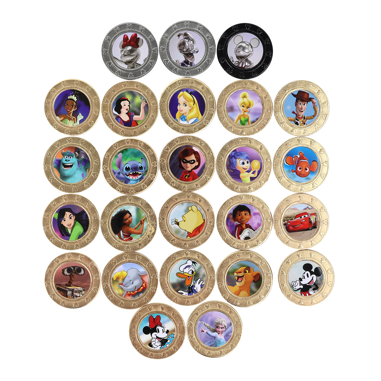 all the 25 different disney 100 coins you can collect showing each character