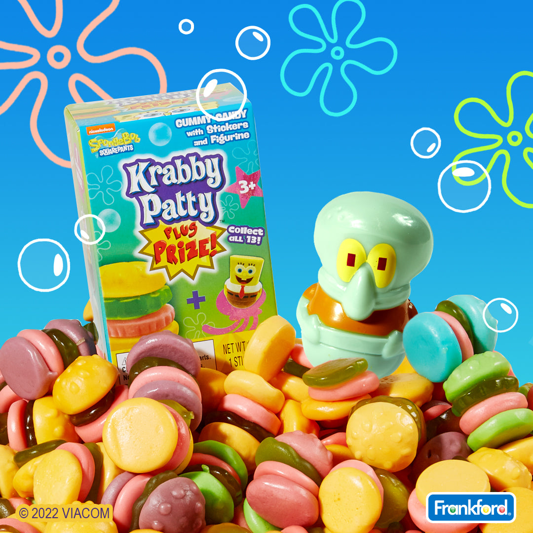 Krabby Patty Plus Size packaging with gummy candy on the foreground and illustrated background