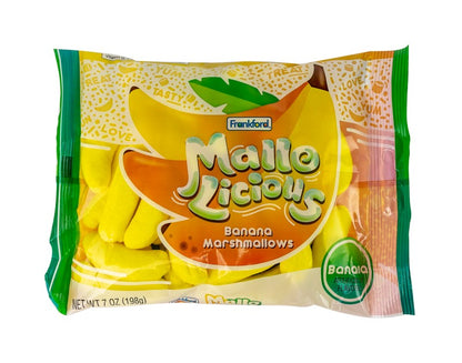 green and yellow Mallo Licious Banana Marshmallow package on white background