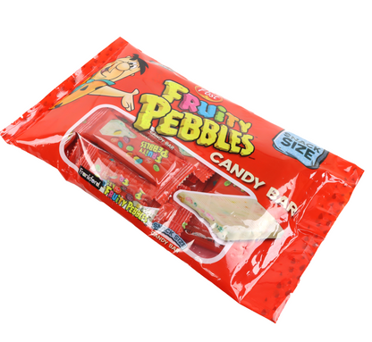 angle of Red Fruity Pebbles Candy Bar bag with individually wrapped snack size Fruity Pebbles cereal candy bars