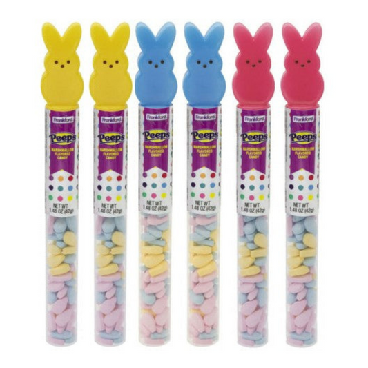 6 peeps tube toppers with candy with 2 yellow, 2 blue, and 2 pink