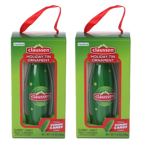 Claussen Pickle Tin Ornament with Gummy Candy, 2 Pack