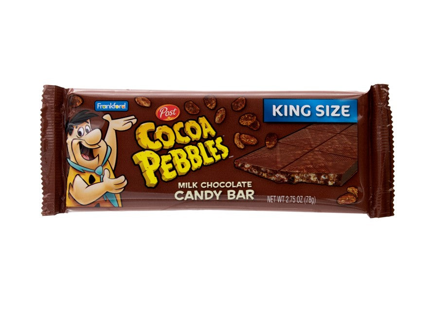 brown package of Cocoa Pebbles Milk Chocolate Candy Bar on white background