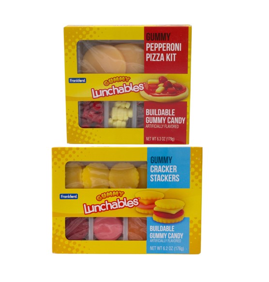 yellow boxes of gummy lunchables multi pack on white background