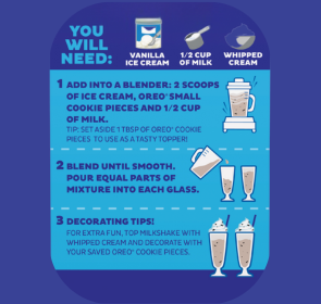 Recipe card for making a vanilla milkshake with cookie pieces using a blender.