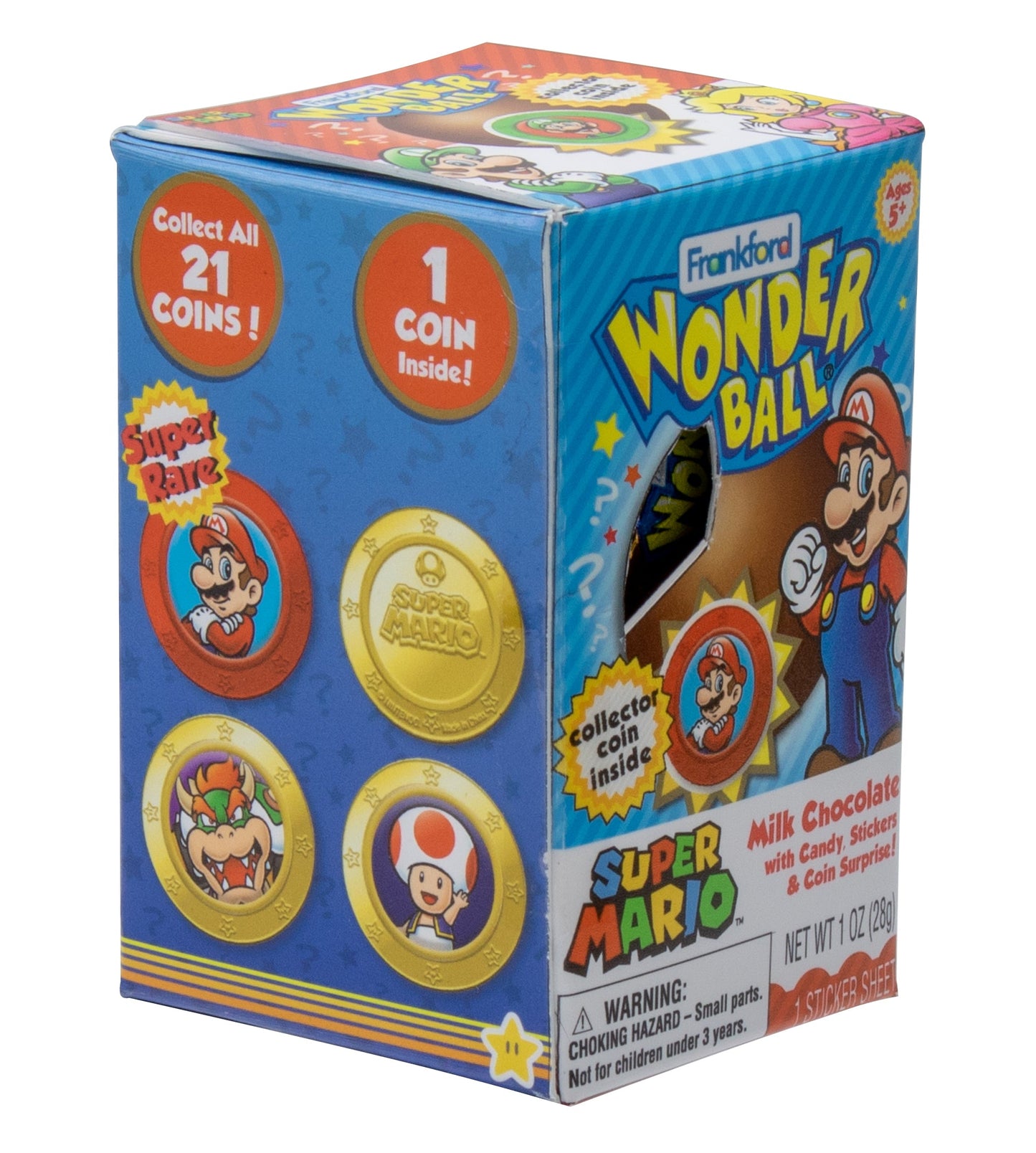side of blue wonderball box with character coins