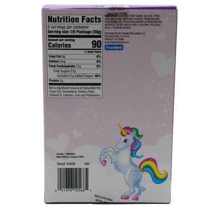 back of unicorn gummy box with nutrition facts and ingredients