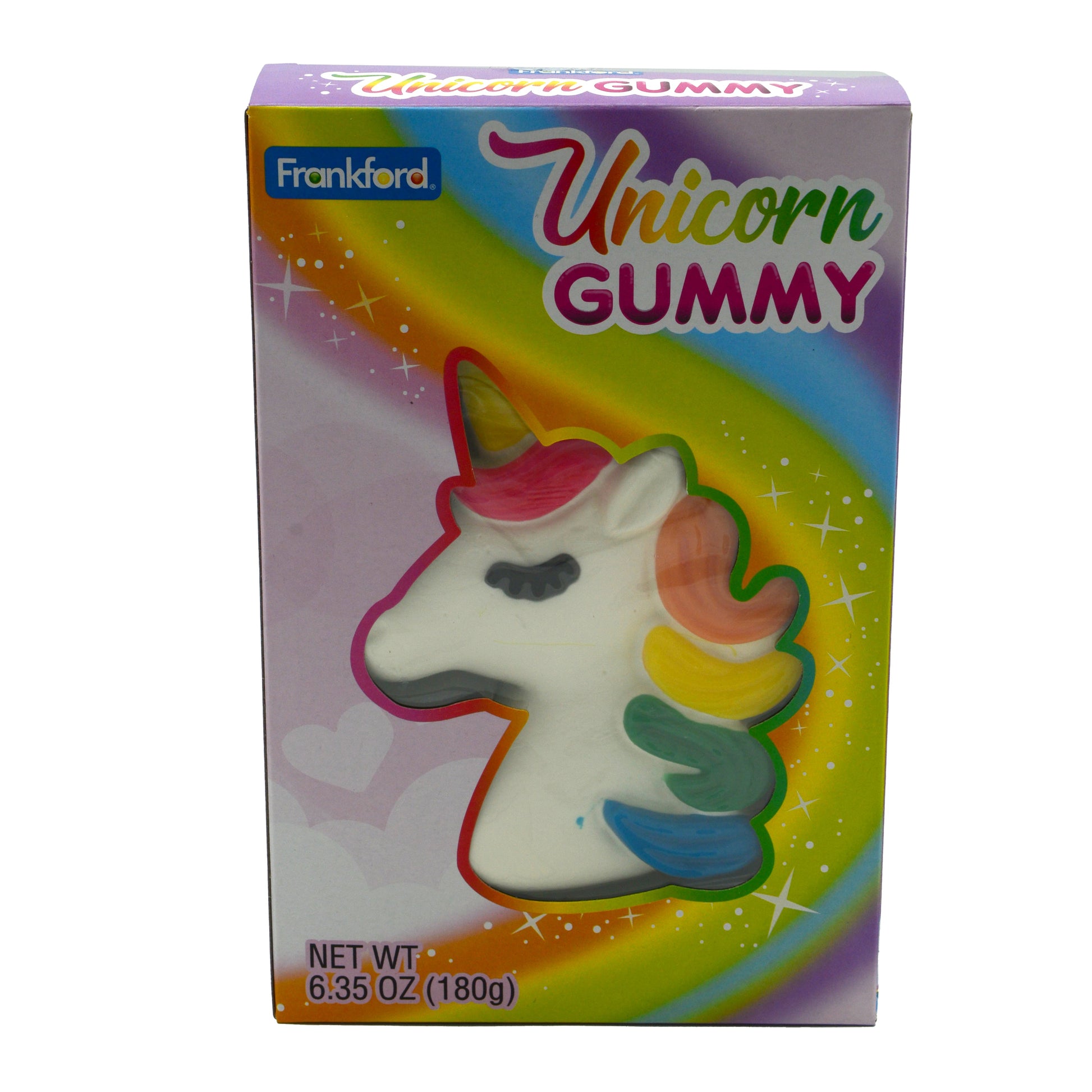 rainbow box with large white and rainbow unicorn gummy